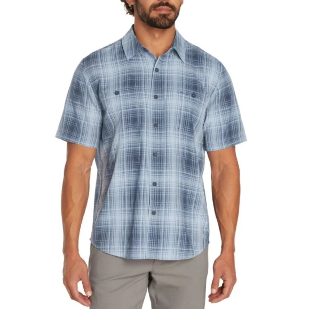 NEW Orvis Men's XL Short Sleeve Tech Shirt Blue Plaid Moisture Wicking UPF 30